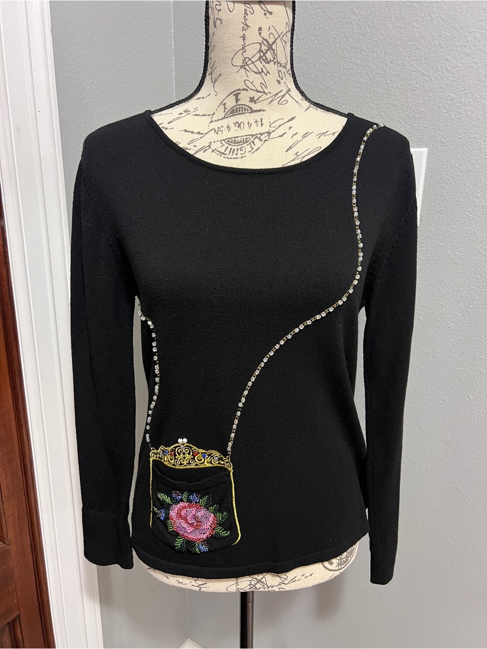 Pink Poodle Vintage Novelty Beaded Purse Knit Sweater Small Black Rose Y2K